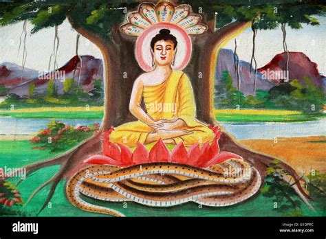 Pintura representando la historia de la vida de Buda Shakyamuni. Buda sentado en la pose de ...