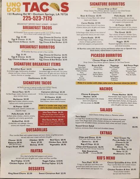 Menu at Uno Dos Tacos restaurant, Denham Springs