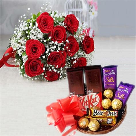 Send Chocolate basket with 10 red rose bunch Online | Free Delivery ...