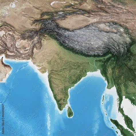 Physical map of South Asia, with high resolution details. Flattened satellite view of Planet ...