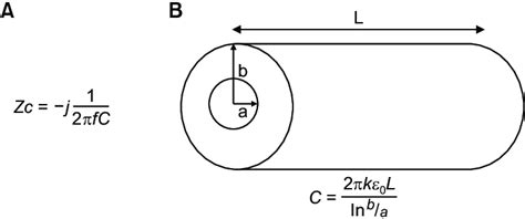 Formulas related to capacitive coupling. (A) Impedance of a capacitor ...