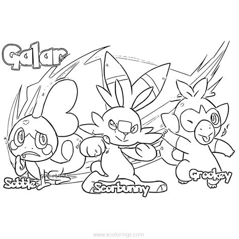 Sobble Pokemon Coloring Pages with Scorbunny and Grookey - XColorings.com