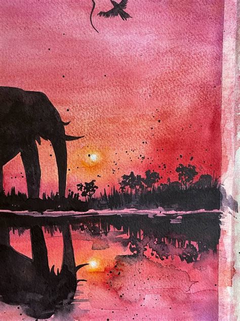 Elephant Painting Sunset Painting Elephant Silhouette Wall Art | Etsy