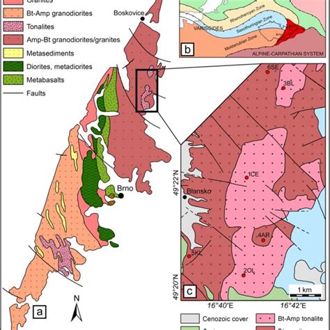 A simplified geological map of the Brno batholith (a), modified from ...