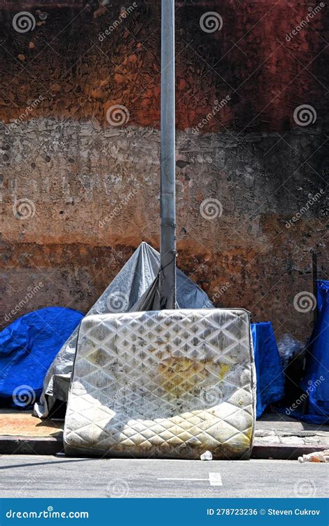 Soiled Mattress and Tarp Shelters at a Homeless Encampment in Los ...