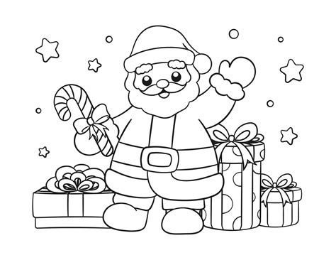 Santa Claus with gifts and candy cane outline line art doodle cartoon illustration. Winter ...