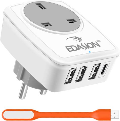 Travel Adapter UK to EU Europe Plug Adaptor with USB C, Grounded European Power Adapter 4 USB ...