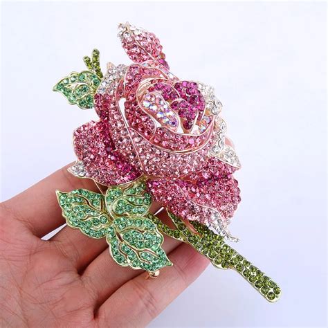 BELLA Elegant Gold Tone Purple & Pink Rose Flower Brooch Pins Austrian Crystal Big Brooches ...