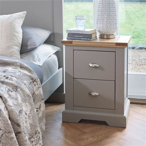 St Ives 2 Drawer Grey Bedside Table with Brushed Oak Top