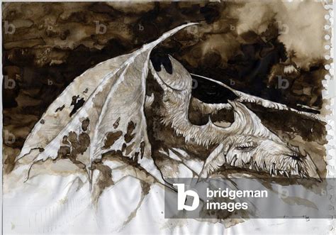 Illustration of a fantastic and legendary animal: dead dragon carcass. Colour drawing by ...