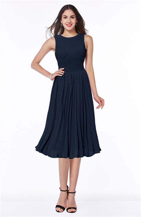 Navy Blue Bridesmaid Dress - Modern A-line V-neck Sleeveless Tea Length ...