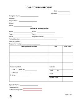 Free Vehicle Towing Receipt Template - PDF | Word – eForms