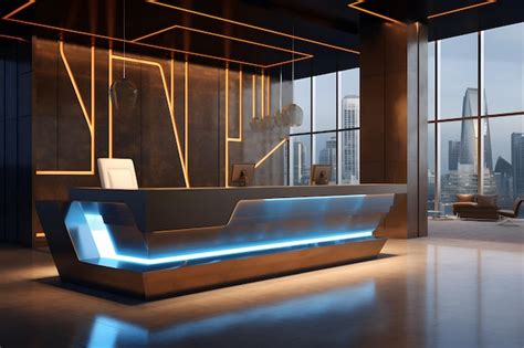 Premium AI Image | Modern Hotel Lobby with an LEDLit Reception Desk