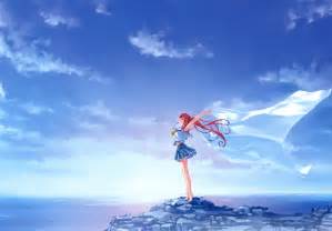 redhead, Long hair, Anime, Anime girls, Sky, Clouds, School uniform, Deep Blue Sky & Pure White ...