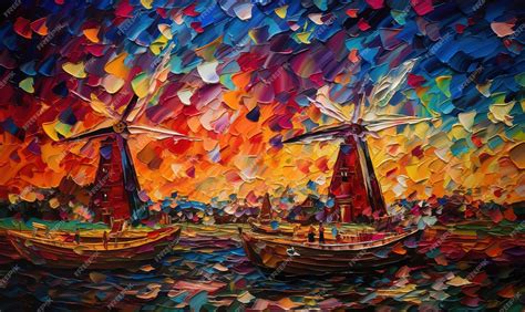 Premium Photo | A painting of a boat with a sunset in the background.