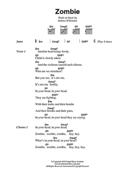 Zombie Sheet Music | The Cranberries | Guitar Chords/Lyrics | Easy ...