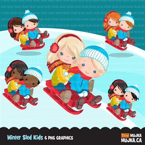 Winter Sled Snow Kids Clipart Kids Sledding Tobogganing - Etsy Canada