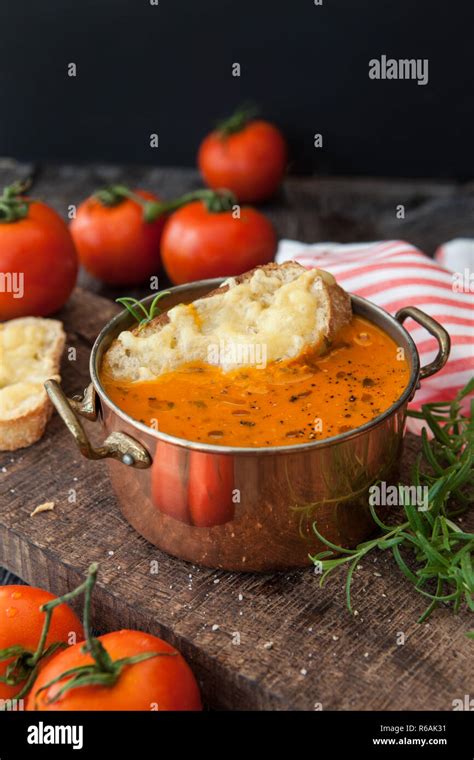 Hearty Tomato Soup With Cheese Toast Stock Photo - Alamy