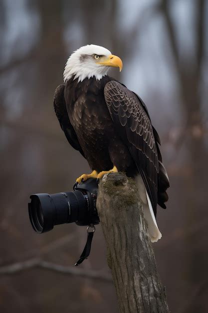 Premium AI Image | A bald eagle sits on a camera with a wooden post