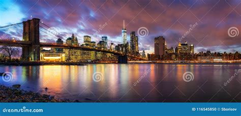 Brooklyn Bridge and Manhattan at Dusk Stock Photo - Image of river ...