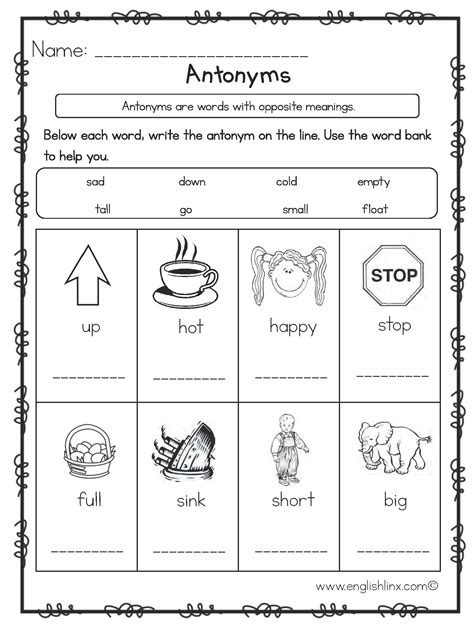 Antonym Worksheet 3rd Grade