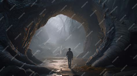 Premium AI Image | The dark cave is a dark cave with a man walking in it.