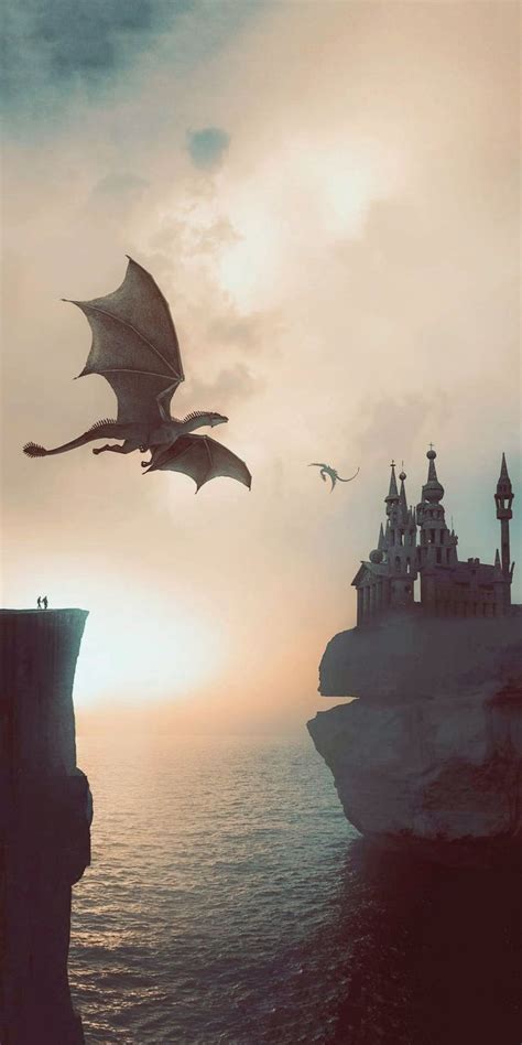 a large dragon flying over the ocean next to a castle on top of a cliff