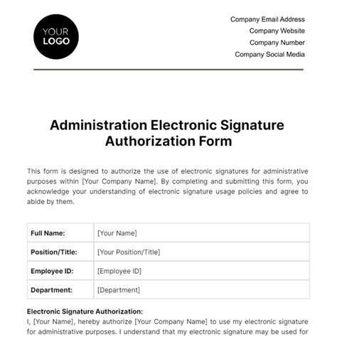 Administration Electronic Signature Authorization Form Template - Edit Online & Download Example ...