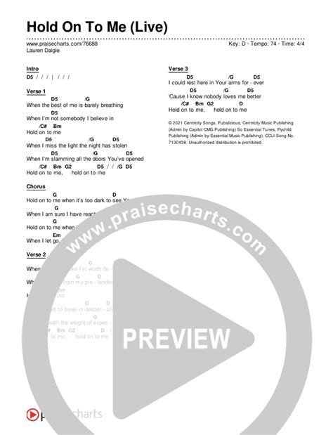 Hold On To Me (Live) Chords PDF (Lauren Daigle) - PraiseCharts