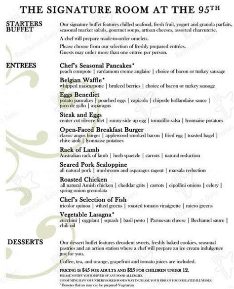 Menu at The Signature Room at the 95th restaurant, Chicago