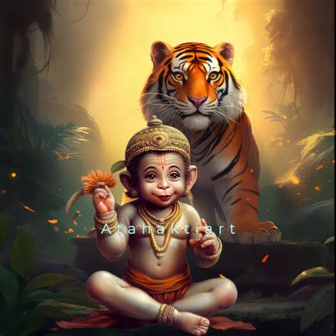 Lord Hanuman With a Tiger Baby Hanuman Hindu God Monkey God Buddhist ...