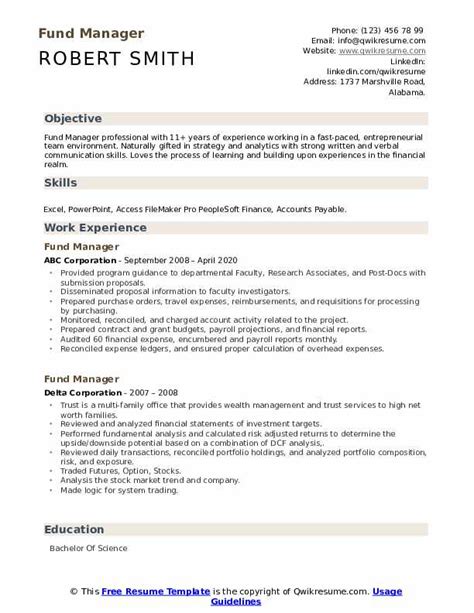 Fund Manager Resume Samples | QwikResume