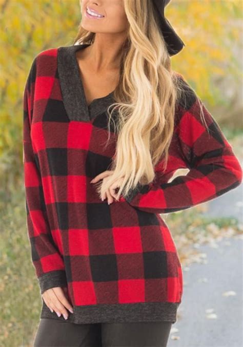 Red-Black Plaid Checkered Long Sleeve V-neck Casual T-Shirt | Red and ...