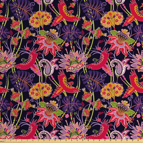 Jacobean Fabric by The Yard, Illustration of Floral Jungle with Abstract Botanical Elements ...