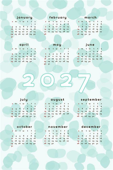 2027 calendar template. Vertical format teal blue green abstract background with hand drawn spot ...