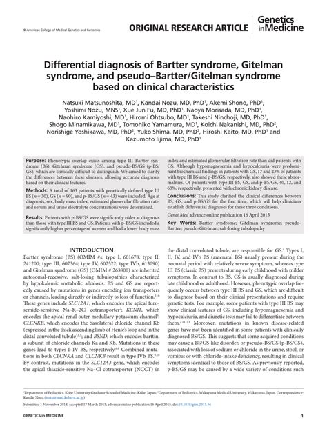 (PDF) Differential diagnosis of Bartter syndrome, Gitelman syndrome ...