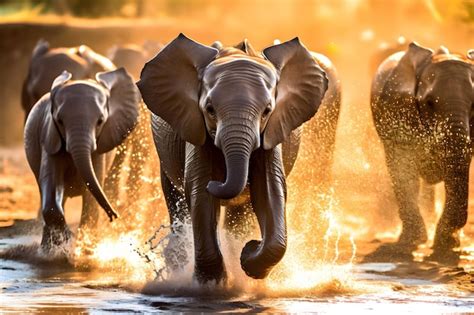 Premium AI Image | Elephants running in the water at sunset