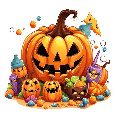 Evil Halloween Pumpkin With Candies And Sweets Vector Illustration ...