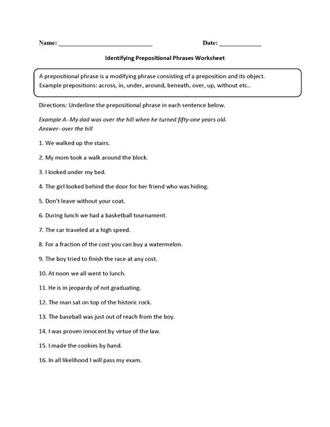 The Prepositional Phrase Worksheet Answers - Preposition Worksheets