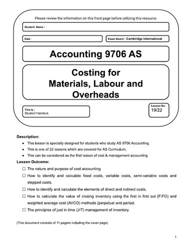 Costing for Materials, Labour and Overheads (Accounting 9706 AS) | Teaching Resources