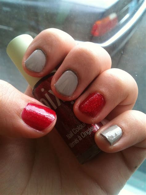 Gray,with ruby red nails | Red nails, Manicure, Nails