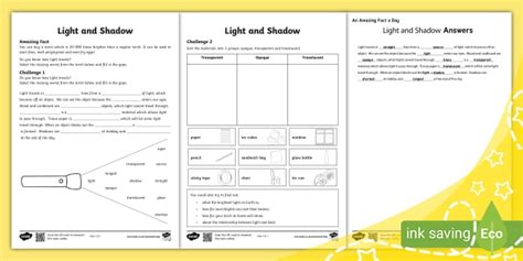 KS2 Light and Shadows Worksheet (teacher made)