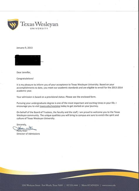 Acceptance Letter From College Sample | Master of Template Document