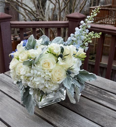 Valentine's Day flower arrangement in whites and blues - delphinium, dusty m… | Fresh flowers ...