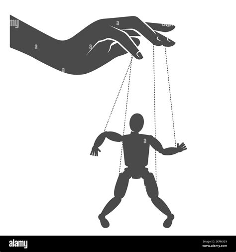 Puppet master hand manipulates a puppet hanging on strings, puppeteer, man being controlled by ...