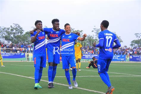 Rayon Sports Fc players celebrating a goal scored by Mutsinzi Ange on Tuesday at Stade de Kigali ...