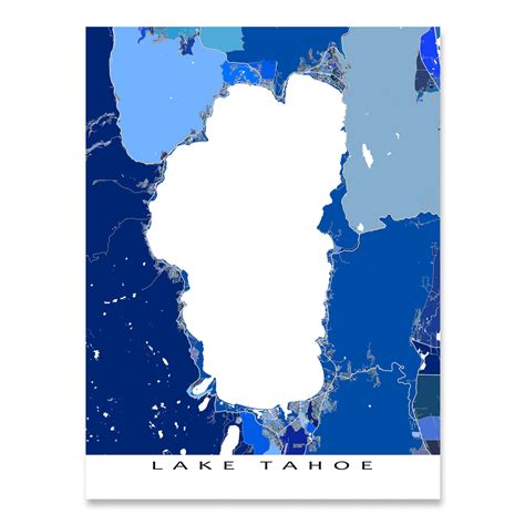 Lake Tahoe map art print. City streets, water features and thousands of blue shapes combine to ...