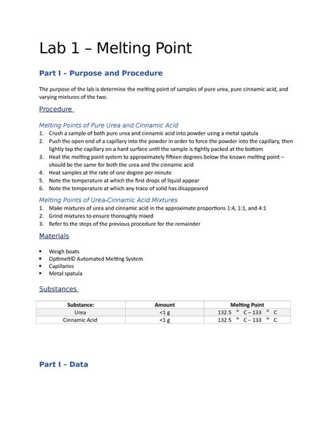 Organic Chemistry I - Melting Points Lab - Lab 1 – Melting Point Part I – Purpose and Procedure ...