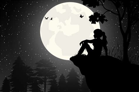 Cute Girl and Moon Silhouette Graphic by curutdesign · Creative Fabrica