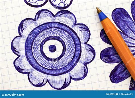 Close-up of Hand Drawn Flower with Ballpoint Pen. Doodle Style. Stock ...